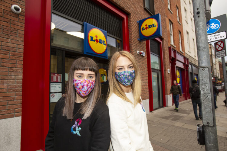 Pictured is Head of Communications & Marketing at Lidl Ireland, Aoife Clarke and Jill Deering and Gillian Henderson, Owners of Jill & Gill at the launch of their exclusive limited edition range of face coverings. Lidl’s new face coverings by Jill & Gill are available in Lidl’s 168 stores from Thursday 28th January for €3.99 for a pack of two with €1 from each pack donated to the retailer’s charity partner, Jigsaw, The National Centre for Youth Mental Health. Pic. Kip Carrol.