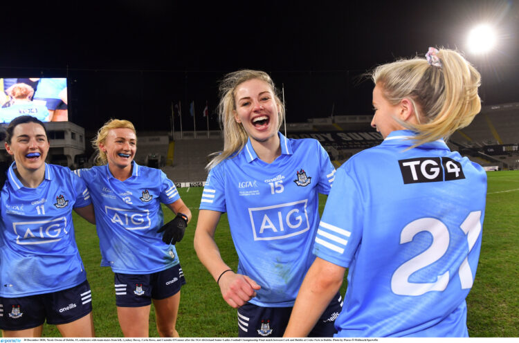 Nicole Owens celebrates with team-mates from left, Lyndsey Davey, Carla Rowe, and Caoimhe O'Connor after the TG4 All-Ireland Senior Ladies Football Championship Final match between Cork and Dublin. Photo by Piaras Ó Mídheach/Sportsfile