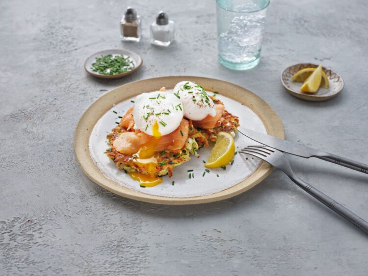 Recipe: potato and cheese fritters with organic smoked salmon and poached eggs