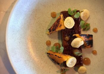 Recipe: Black garlic crème brûlée with grilled cornbread, salted gooseberries and meadowsweet