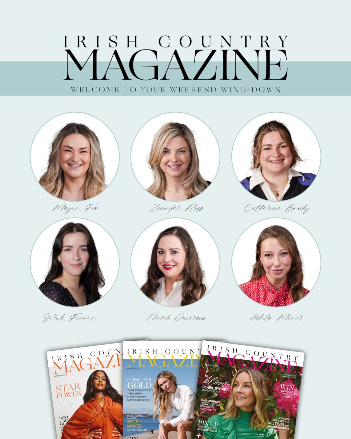 Irish Country Magazine 'Weekend Wind-Down' newsletter cover with the editorial team